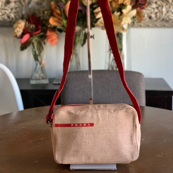 Prada red canvas adjustable strap bag